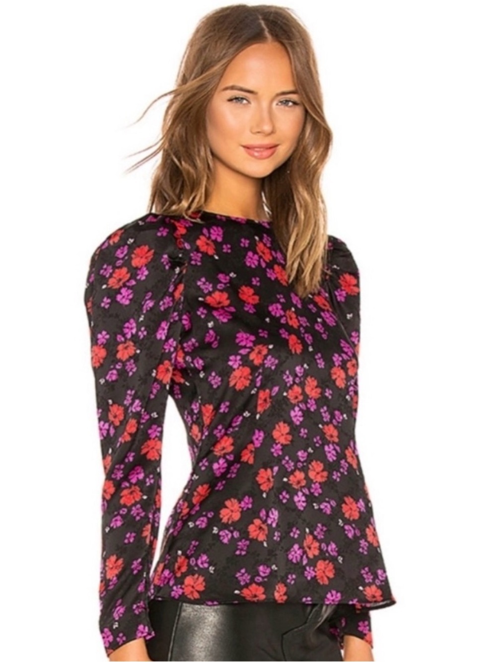 L’Academie Eleonora Black Floral Long Sleeve Puff Shoulder Blouse Sz Small - Picture 2 of 7